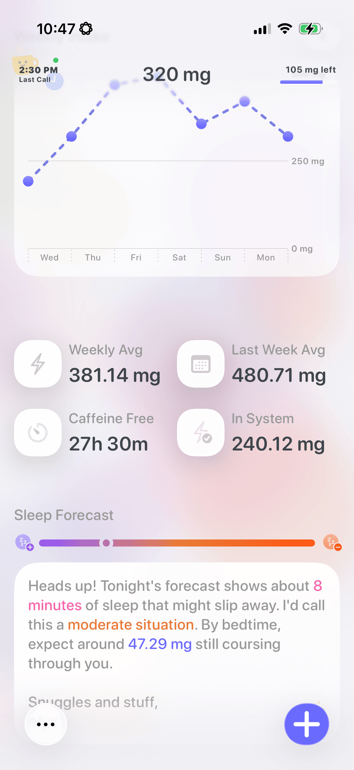 Alyx main dashboard with caffeine activity and logging controls on iPhone
