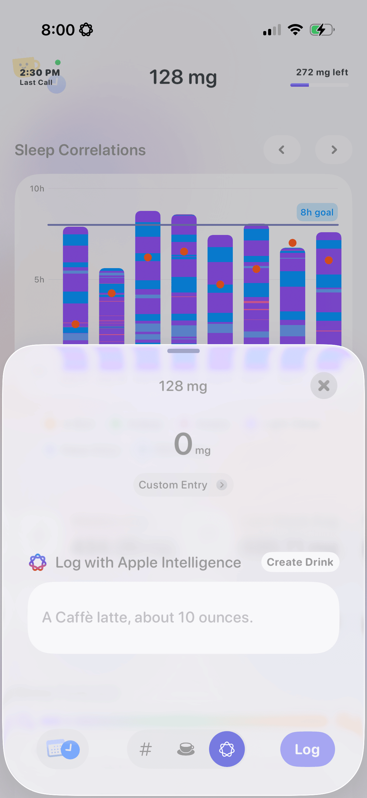 Alyx Apple Intelligence assisted drink logging on iPhone