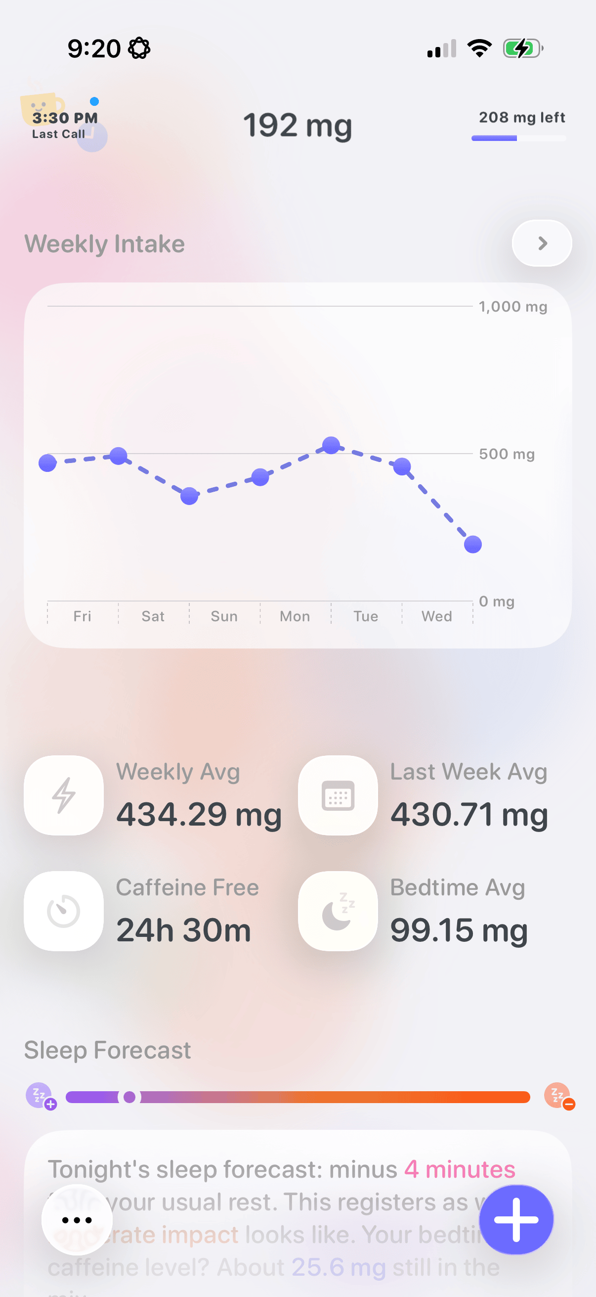 Alyx interface design on iPhone with fluid glass controls and caffeine charts