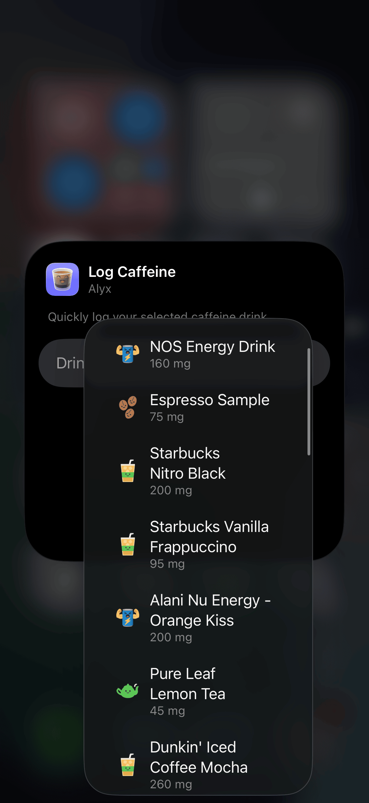 Alyx iPhone widget for quick caffeine tracking and logging